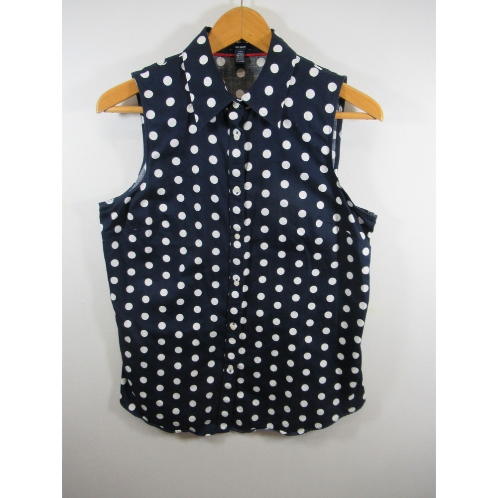 Chaps Polka Dot Sleeveless Blouse Women Large Blue/White Button Up No Iron